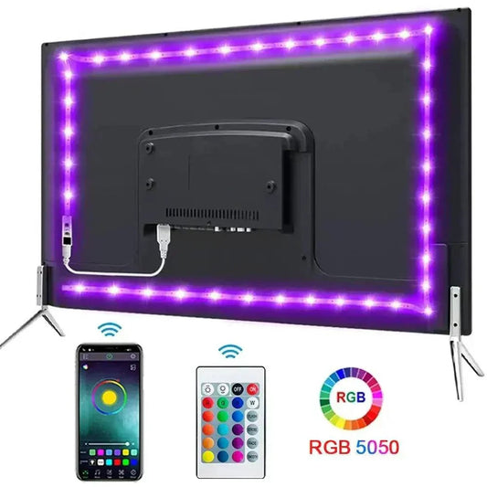 LED Light Strip USB LED strip lights 5050 with RGB color control via app and remote, shown on TV back for ambient lighting.