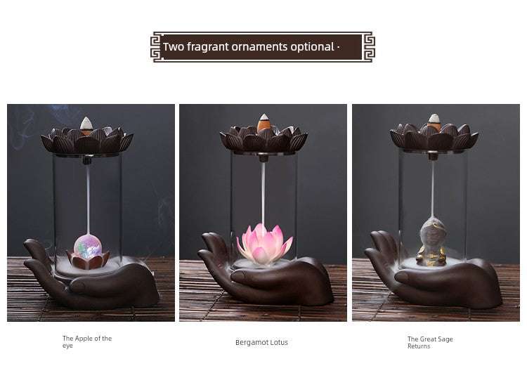 Backflow purple sand ceramic incense burner with Buddha's hand lotus design and optional fragrant ornaments in zen style