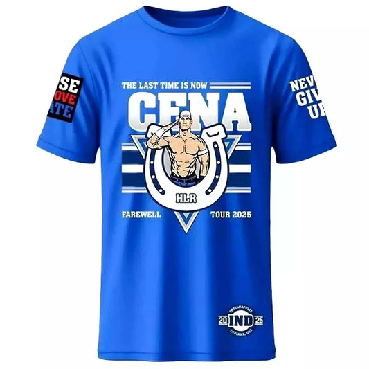 John Cena Farewell Tour 2025 Indianapolis blue cotton T-shirt with graphic print and motivational text