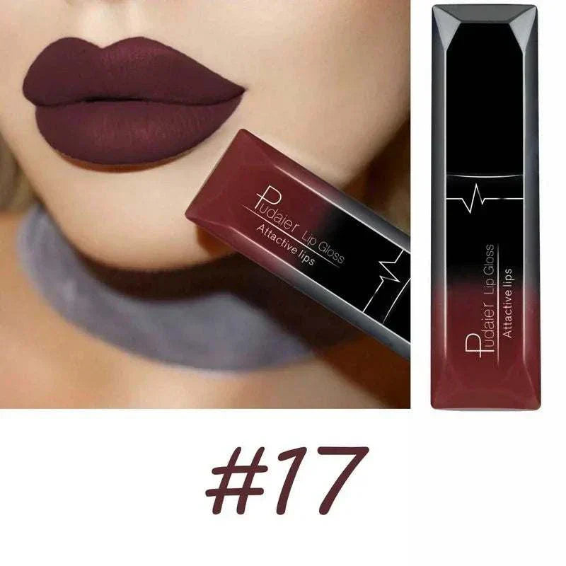 Close-up of lips wearing matte dark burgundy lipstick shade #17 from TOP-RATED TikTokMadeMeBuyIt Lip Stick collection with matching lipstick tube displayed.