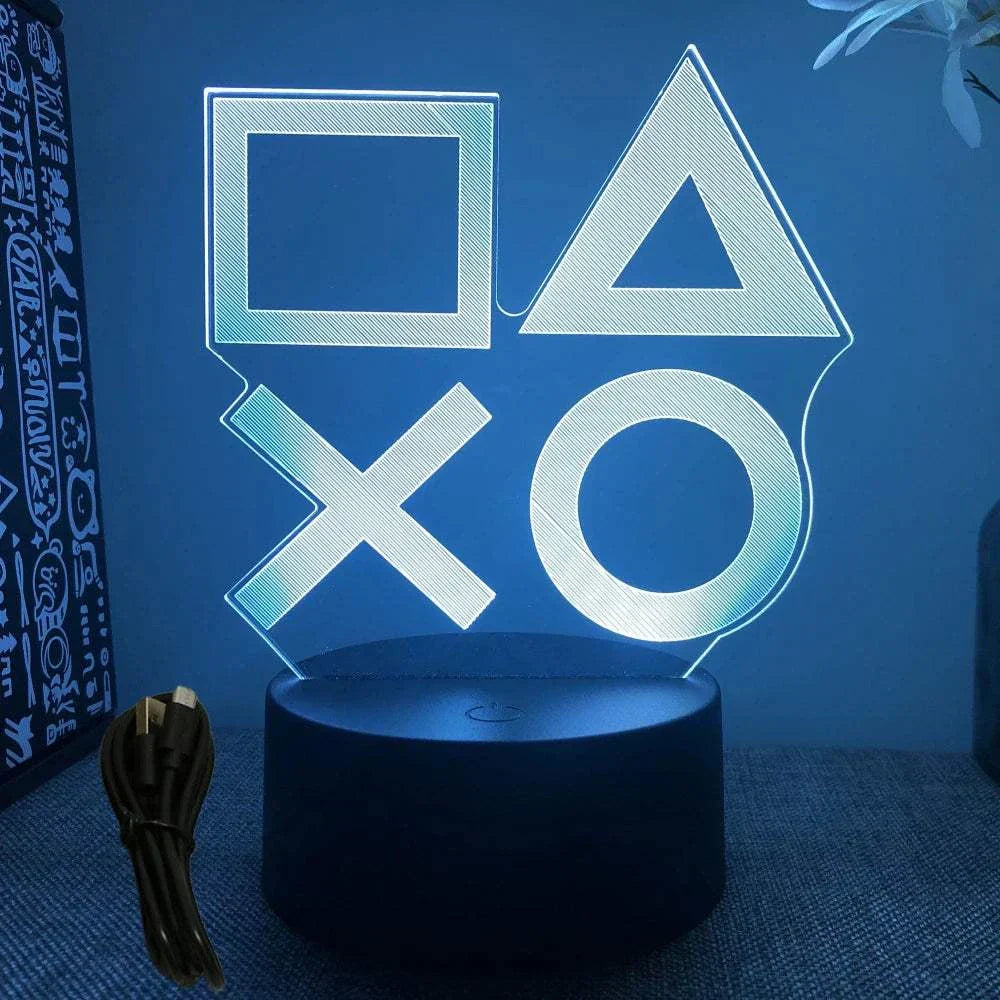 Very bright neon gaming sign LED night light with geometric shapes and USB cable on black base