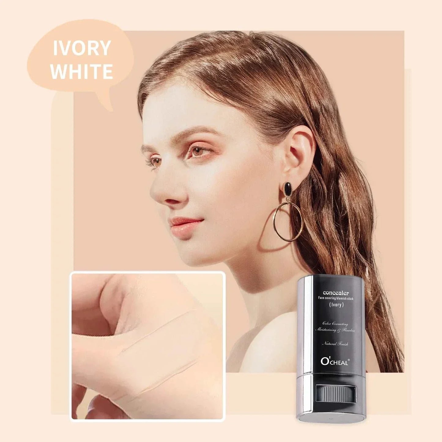 Ocheal Face Foundation contour stick in ivory white shade with lightweight, long-wear concealer cream shown on model and hand swatch