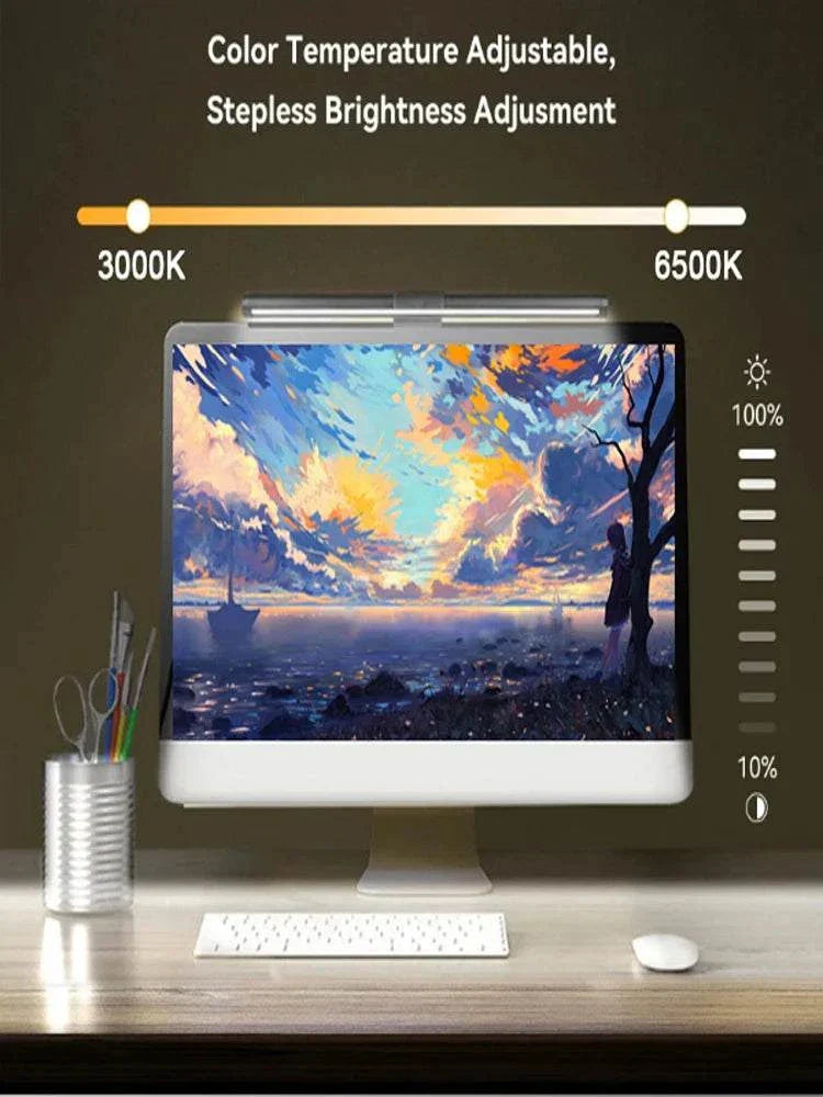 LED monitor light bar mounted on computer screen with adjustable color temperature and brightness controls