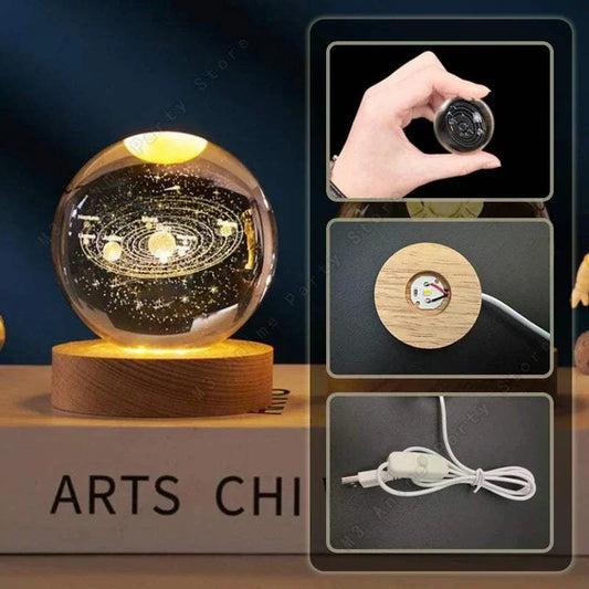 Crystal Ball Moon-Galaxy-Saturn-Solar System LED-Crystal ball moon and galaxy LED night light with wooden base and USB power, featuring 3D laser engraved solar system design.