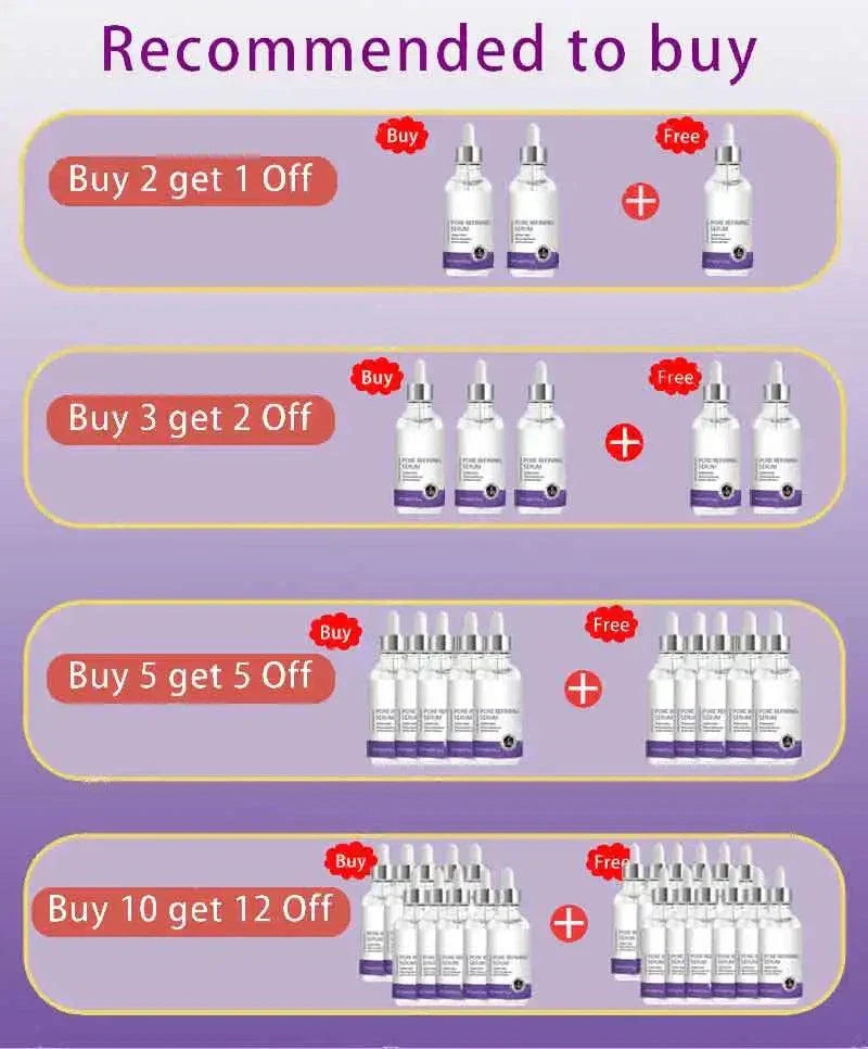Eelhoe pore shrinking serum bottles with promotional buy more get more offer on purple background