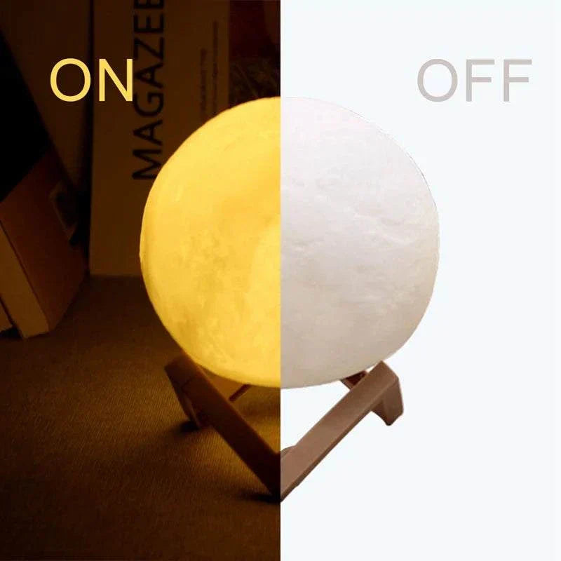 Cosmic Moon LED Book Light with stand showing warm light on and white light off for child bedroom decor.