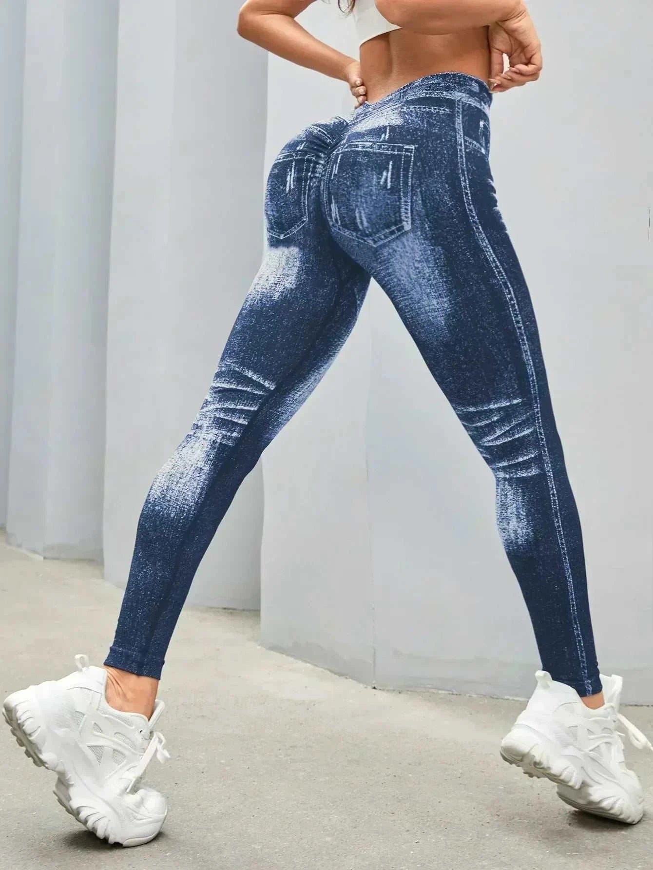 Women’s Athletic Leggings, Seamless Workout Yoga Pants, Faux Denim Look