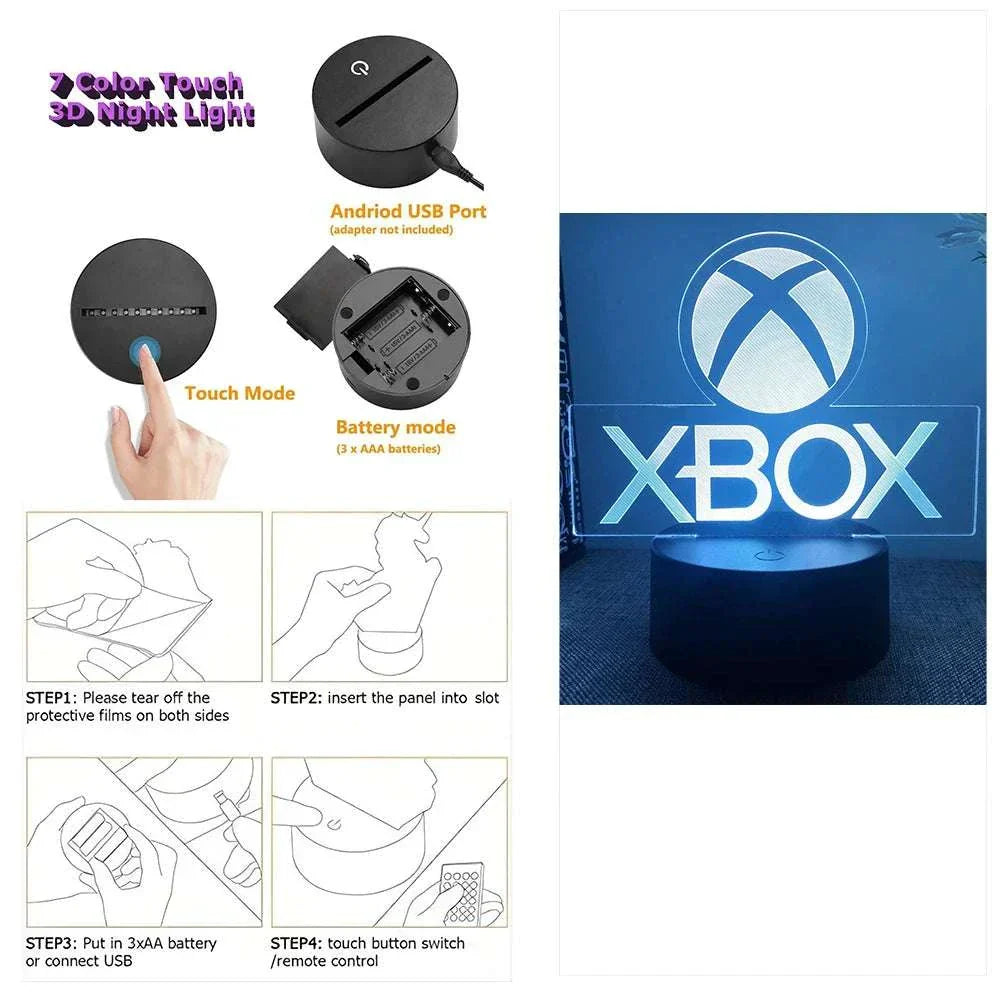 Very bright neon gaming sign with 7-color touch LED night light and Xbox logo design on wooden base