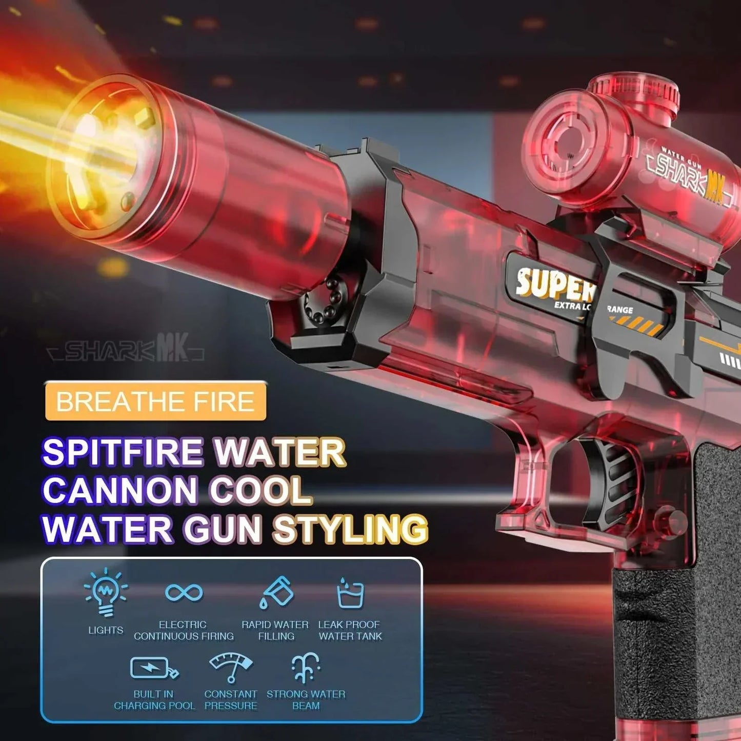 Powerful Electric WaterGun with flame spray effect, built-in lights, and high-pressure continuous water stream for kids' outdoor play.