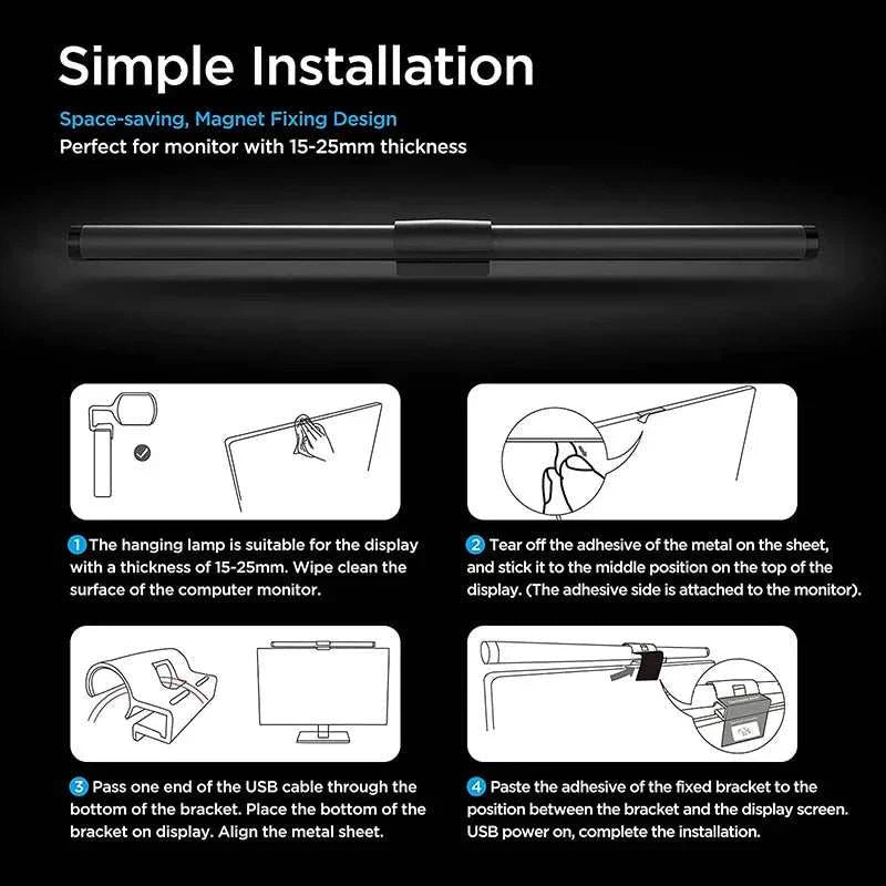 LED Monitor Light Bar with magnetic fixation for easy installation on computer screens 15-25mm thick, USB powered, space-saving design