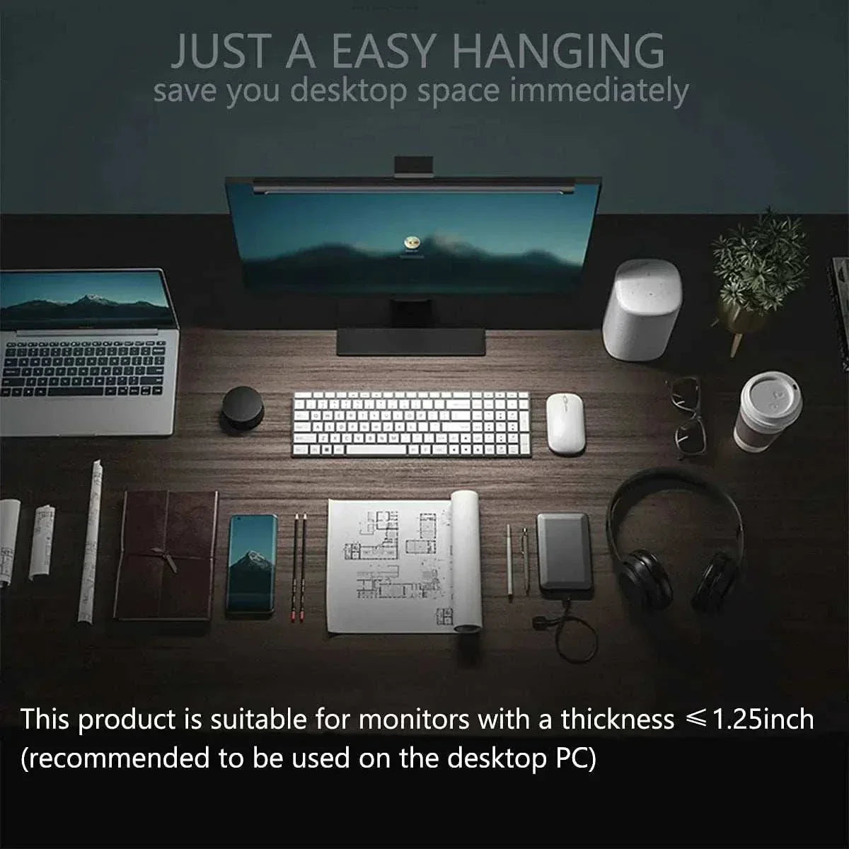 LED monitor light bar mounted on computer screen with desk setup including keyboard, mouse, laptop, headphones, and stationery for RGB atmosphere and eye protection lighting.