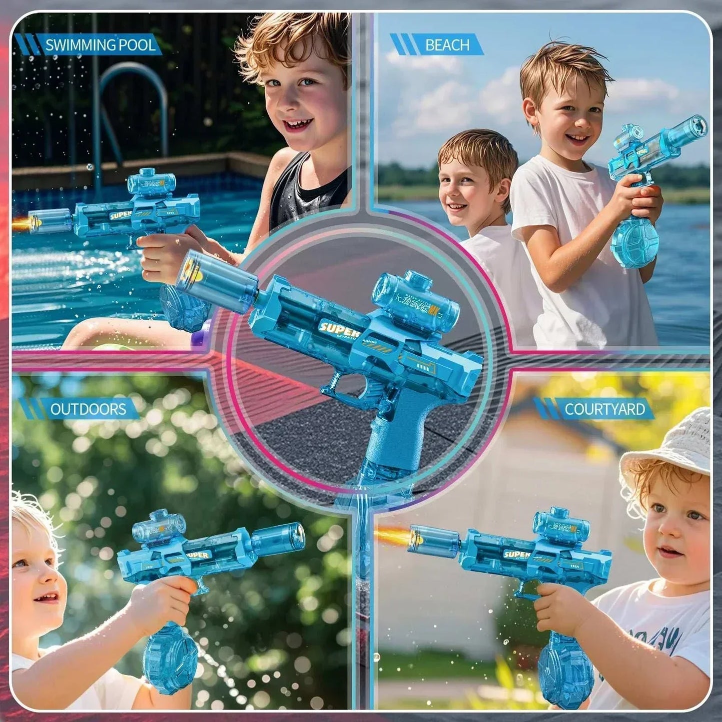 Kids playing with Electric WaterGun outdoors, at swimming pool, beach, and courtyard, showing high-pressure continuous water spray and flame light effect.