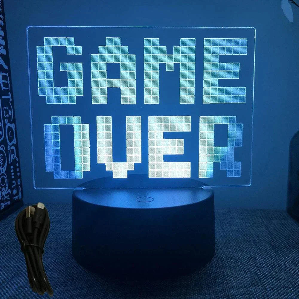 Very bright neon gaming sign LED lamp displaying "GAME OVER" with USB cable on black base
