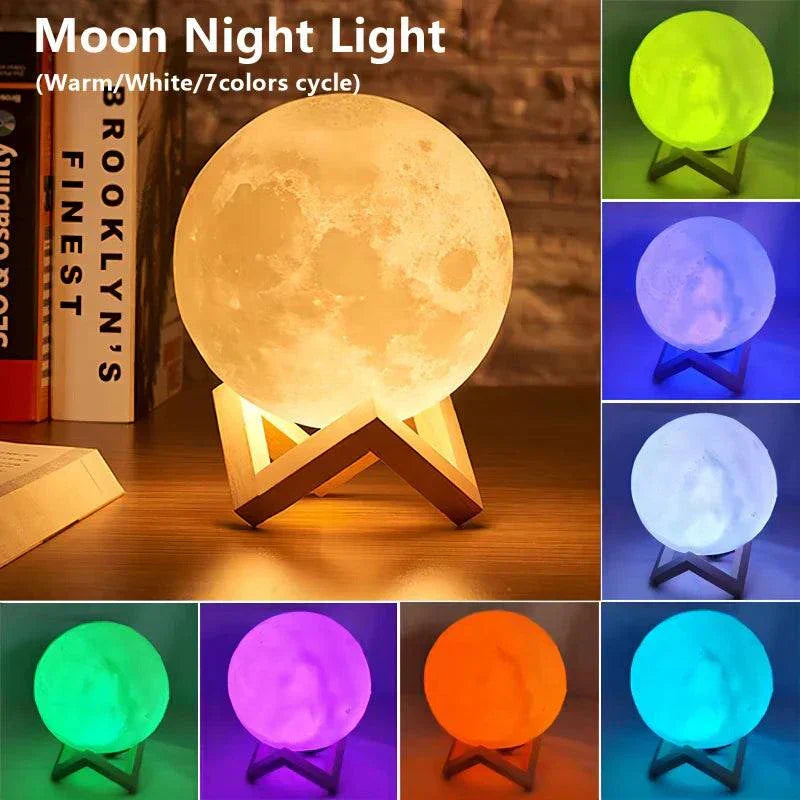 Cosmic Moon LED Book Light with stand showing warm, white, and 7-color cycle lighting options, perfect for children's birthday gifts or bedroom decoration.