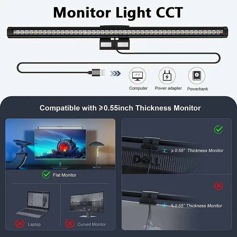 44cm LED Monitor Light Bar for computer screens with RGB and non-RGB options, compatible with monitors over 0.55 inch thickness, touch control, adjustable lighting modes and color temperatures for eye protection and atmosphere enhancement