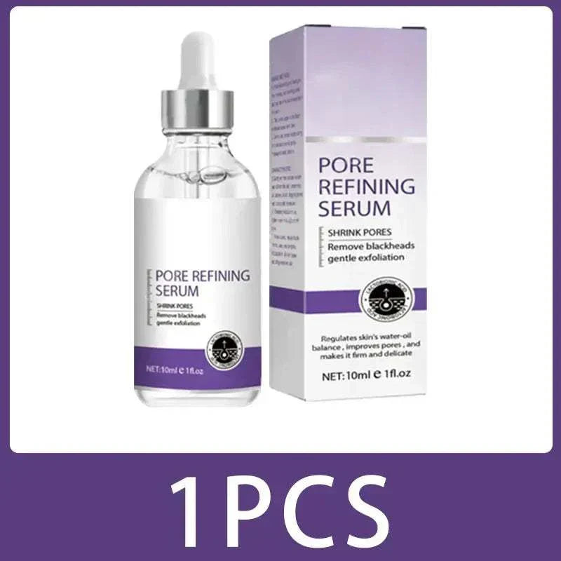 Pore Shrinking Serum bottle and box for removing blackheads and refining pores, moisturizing facial oil serum.