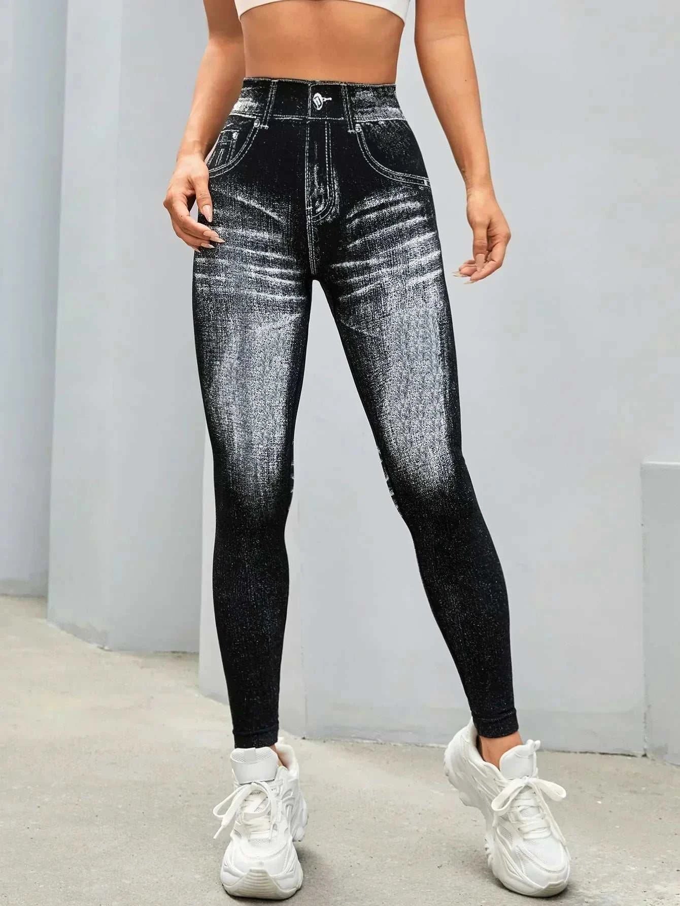 Women’s Athletic Leggings, Seamless Workout Yoga Pants, Faux Denim Look