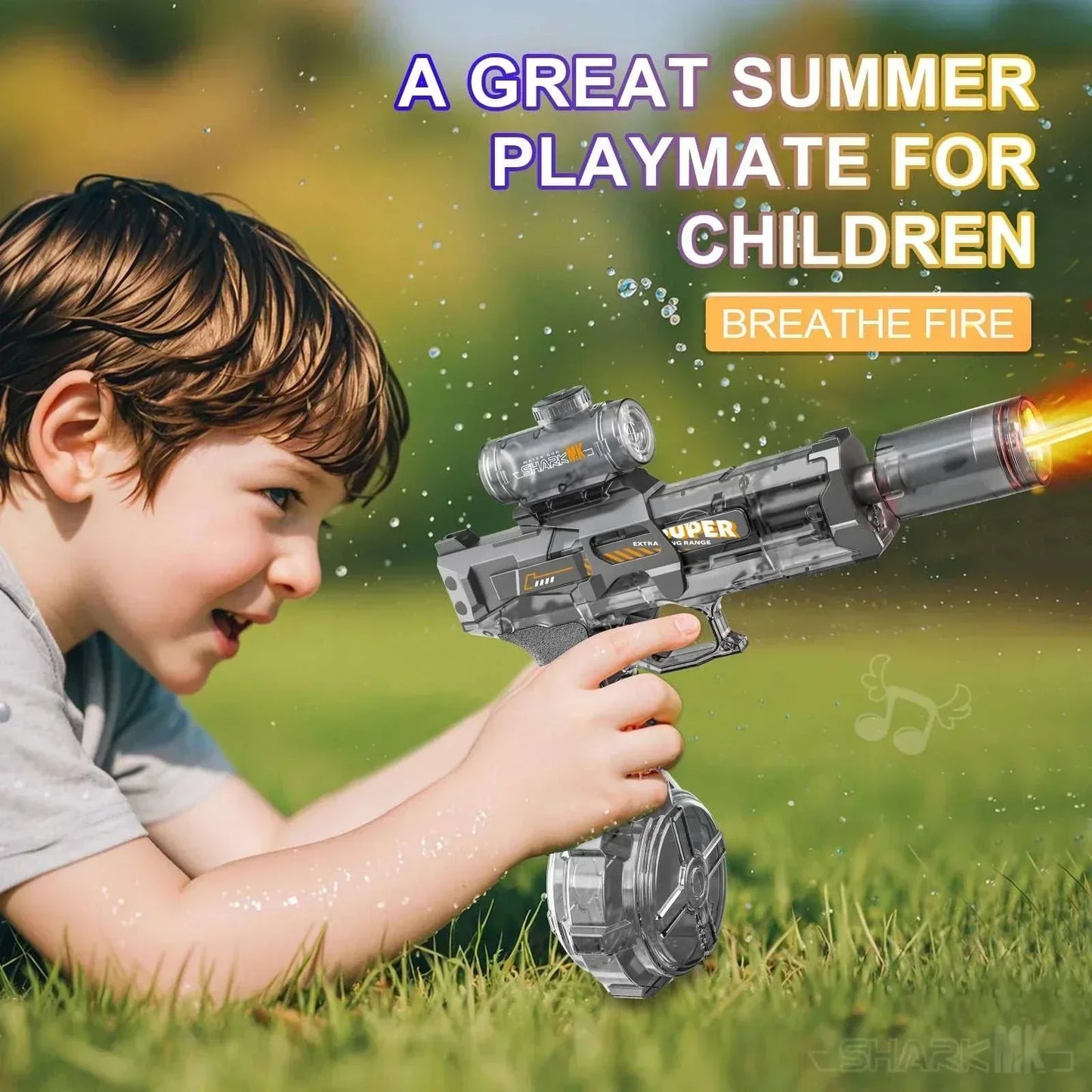Child playing outdoors with Electric WaterGun featuring light and flame spray effect during summer fun
