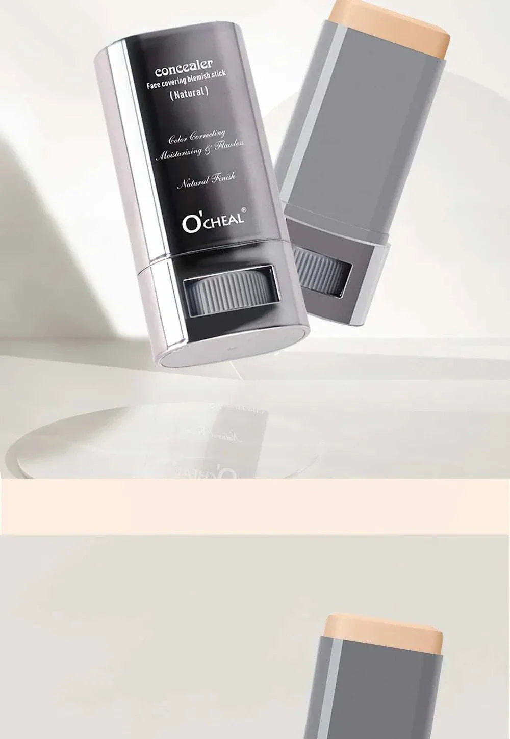 Ocheal Face Foundation contour stick concealer in sleek gray packaging with beige cream foundation stick exposed