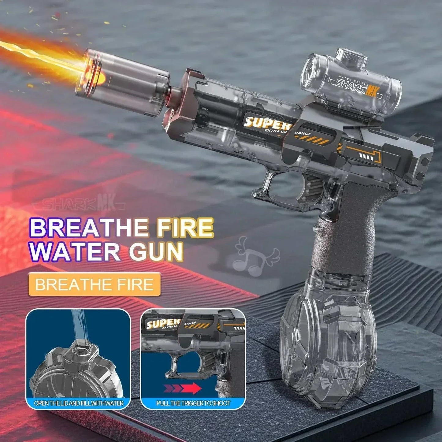 Electric WaterGun toy with flame spray effect and built-in lights, high-pressure continuous water stream for outdoor play