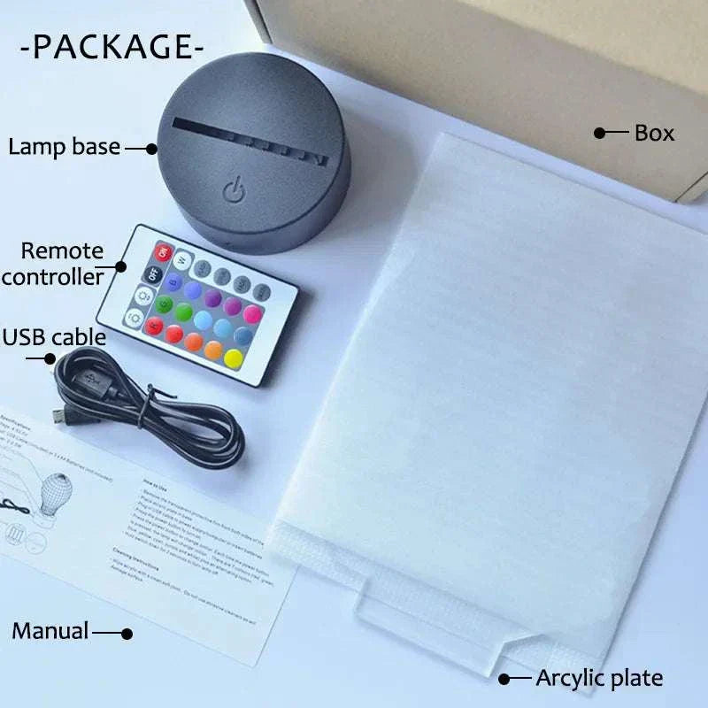 ROG 3D LED Lamp package with black lamp base, remote controller, USB cable, manual, and acrylic plate