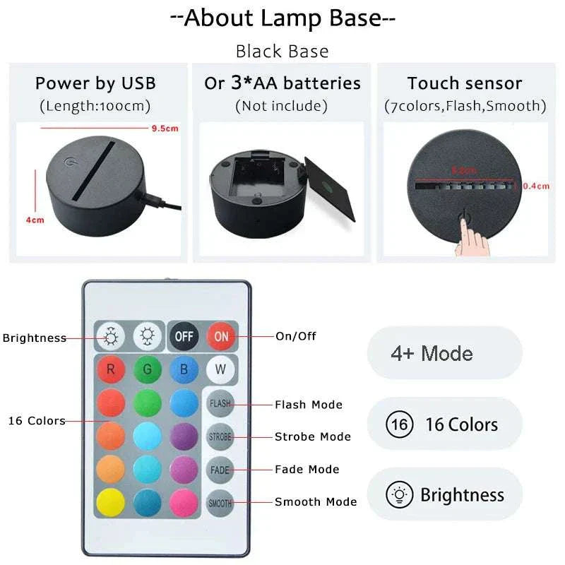 ROG 3D LED Lamp with black base featuring touch sensor and 16-color remote control for customizable gaming lighting effects
