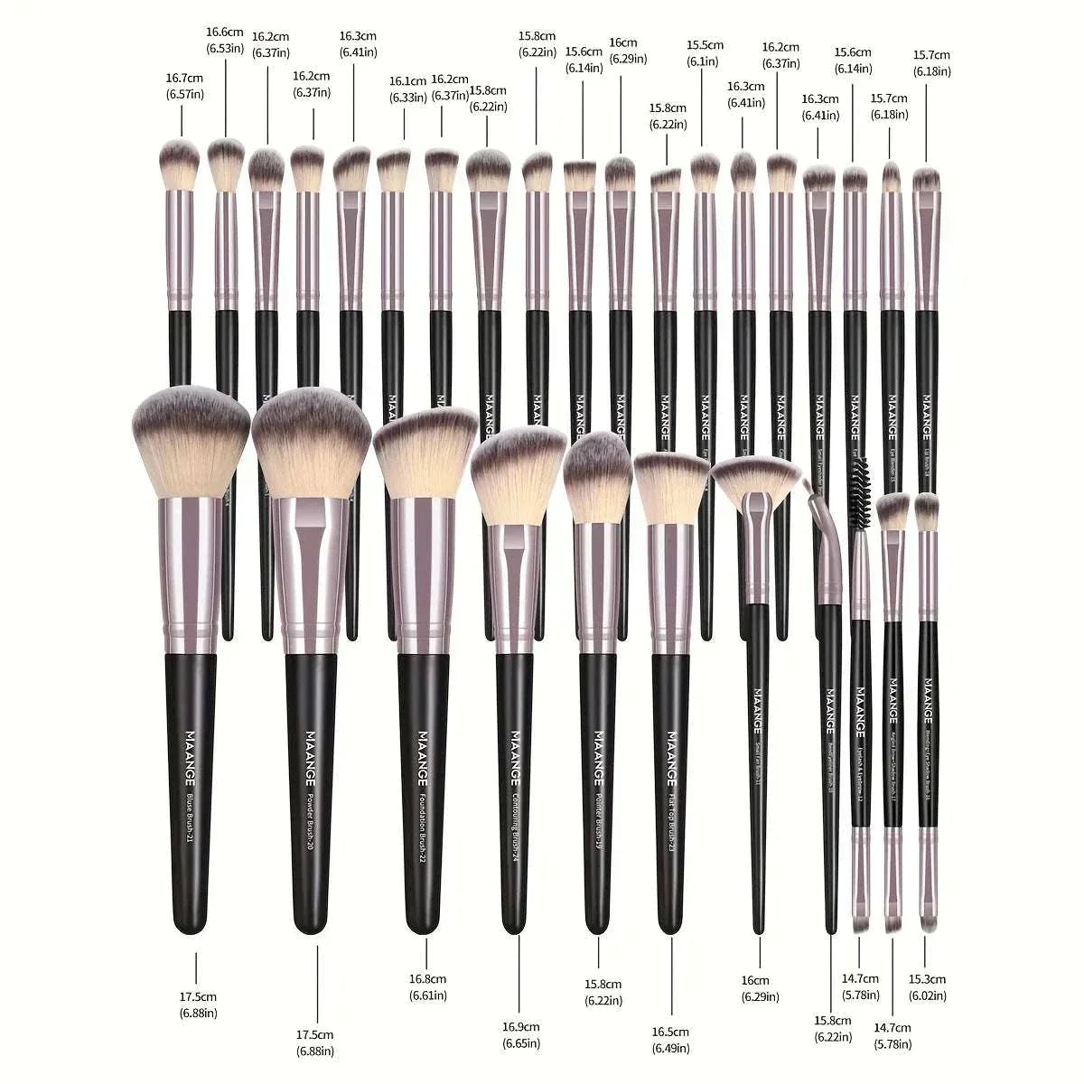 MAANGE 30pcs professional makeup brush set with nylon bristles and plastic handles, includes various blending brushes and a carry bag for versatile application.
