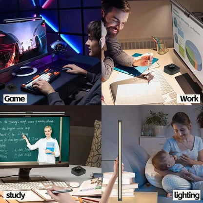 LED monitor light bar illuminating computer setups for gaming, work, study, and ambient lighting.