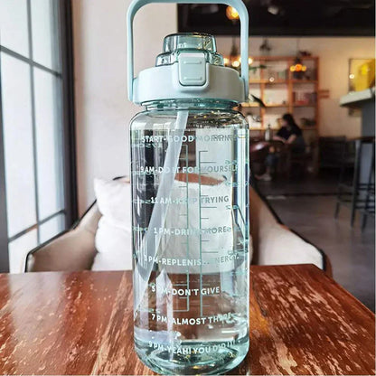 Clear sports water bottle with motivational quotes and time markers for tracking daily water intake, featuring a leakproof straw lid and reusable eco-friendly plastic design.