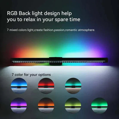 LED monitor light bar with RGB backlight and seven color options for computer screen ambiance and eye protection.
