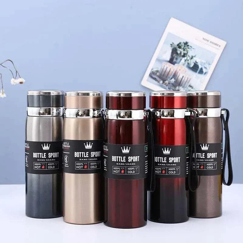 Set of five 1-liter stainless steel thermal water bottles in multiple colors with insulated lids and straps, designed to keep drinks hot or cold for 6-12 hours.