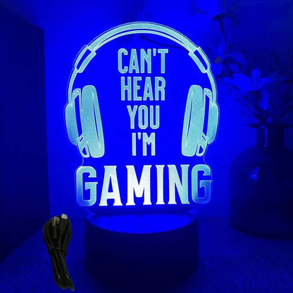 Very bright blue neon gaming sign with headphones and "Can't hear you I'm gaming" text, LED 3D lamp decoration