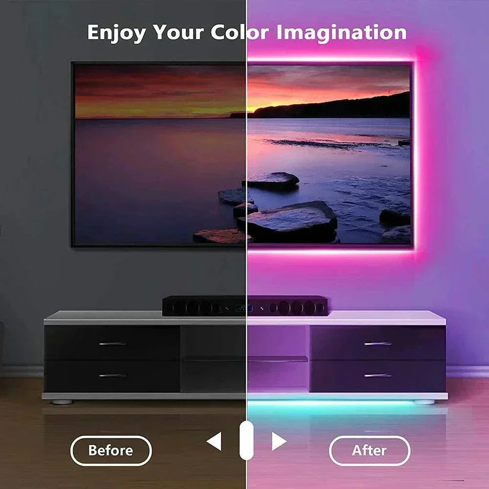 LED Light Strip USB LED strip lights 5050 showing vibrant color transformation with before and after effect on wall and furniture.