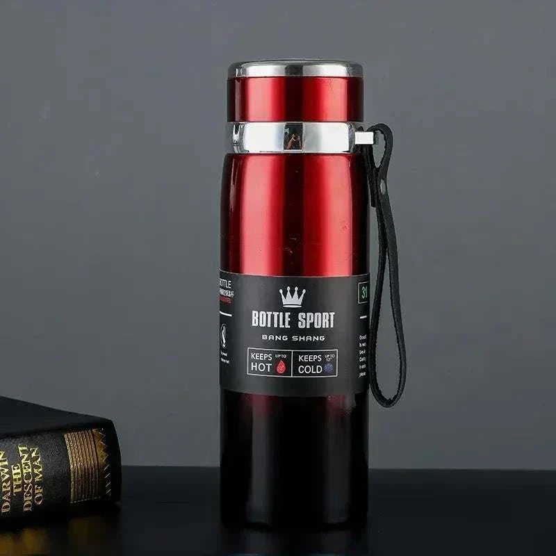 1L high-quality stainless steel thermal water bottle in red and black with strap, keeps drinks hot or cold for 6-12 hours