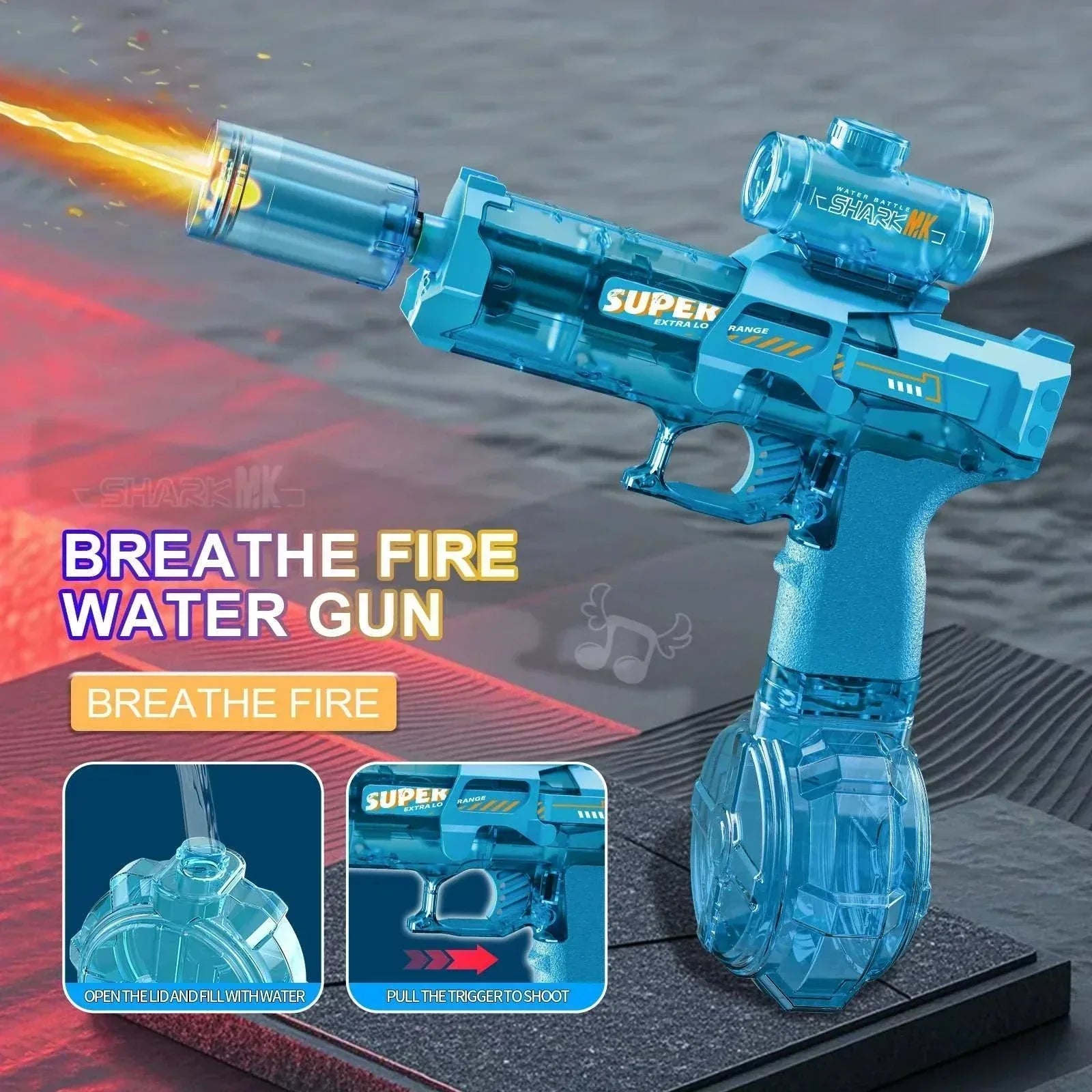Blue Electric WaterGun toy with flame spray effect and built-in lights for high-pressure outdoor play