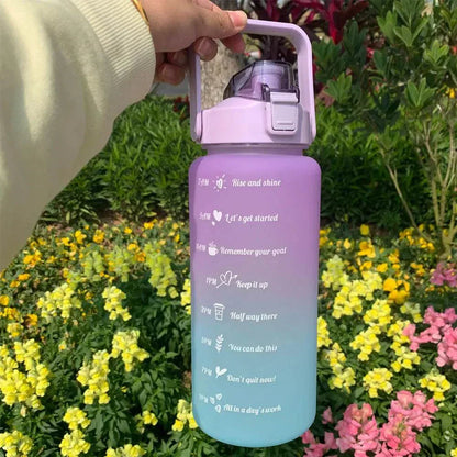 Purple to blue gradient water bottle with motivational quotes and time markers, sports design with straw and leakproof lid.