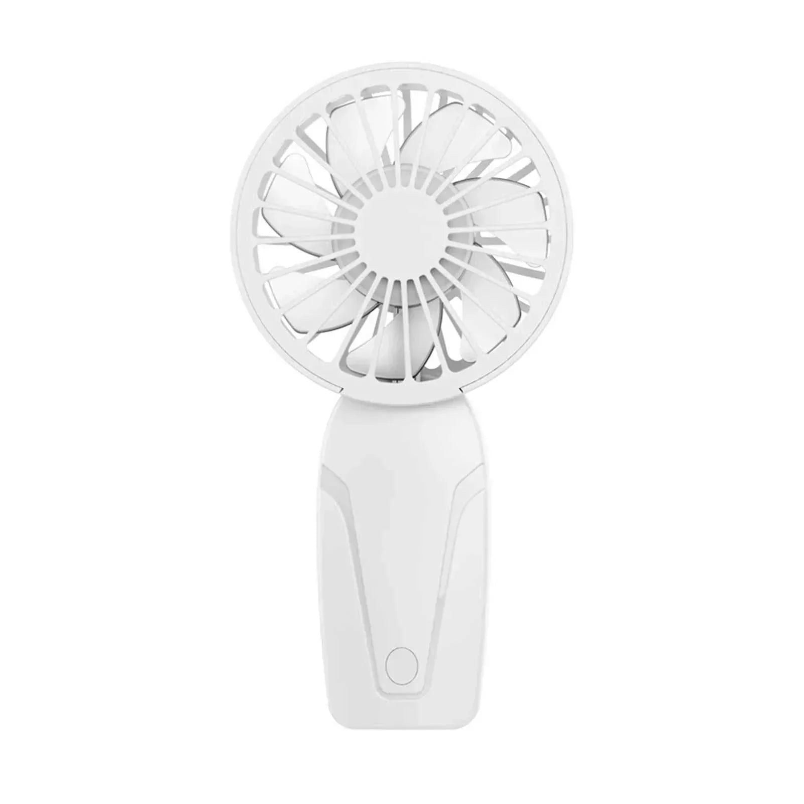 White cute portable handheld USB rechargeable fan with compact design and three-speed settings for on-the-go cooling