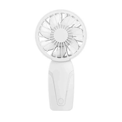 White cute portable handheld USB rechargeable fan with compact design and three-speed settings for on-the-go cooling