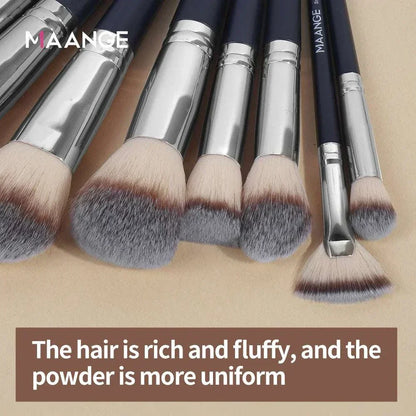MAANGE 30-piece professional makeup brush set with nylon bristles, plastic handles, and carrying bag for blending foundation, concealer, eyeshadow, powder, and more.
