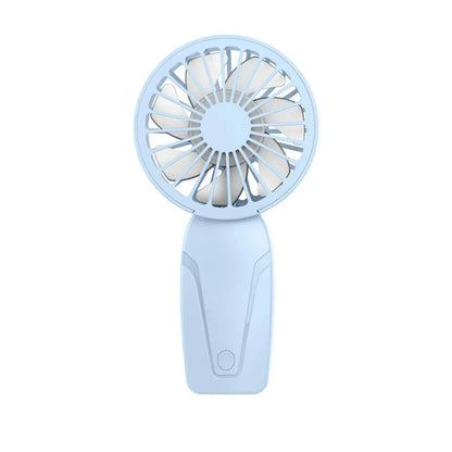 Cute portable handheld USB rechargeable fan in light blue for on-the-go cooling with three-speed settings
