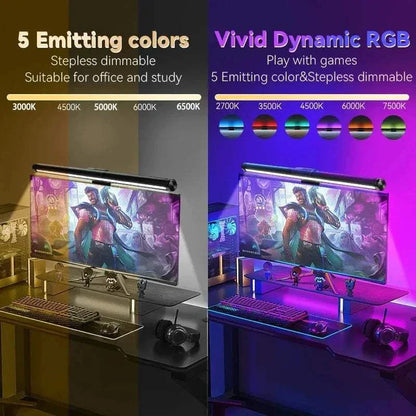 LED Monitor Light Bar showing five color temperature settings and vivid dynamic RGB lighting for gaming atmosphere
