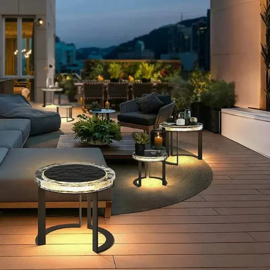 Solar powered waterproof LED outdoor garden tables on a rooftop deck at dusk