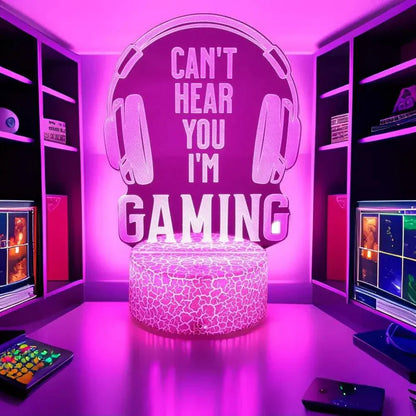 Very bright neon gaming sign with "Can't Hear You I'm Gaming" text illuminated in purple LED light, perfect for gaming room decor.