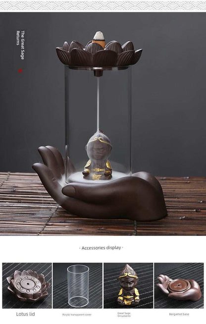 Backflow purple sand ceramic incense burner with glass cover, lotus lid, and Buddha's hand design for zen decoration.