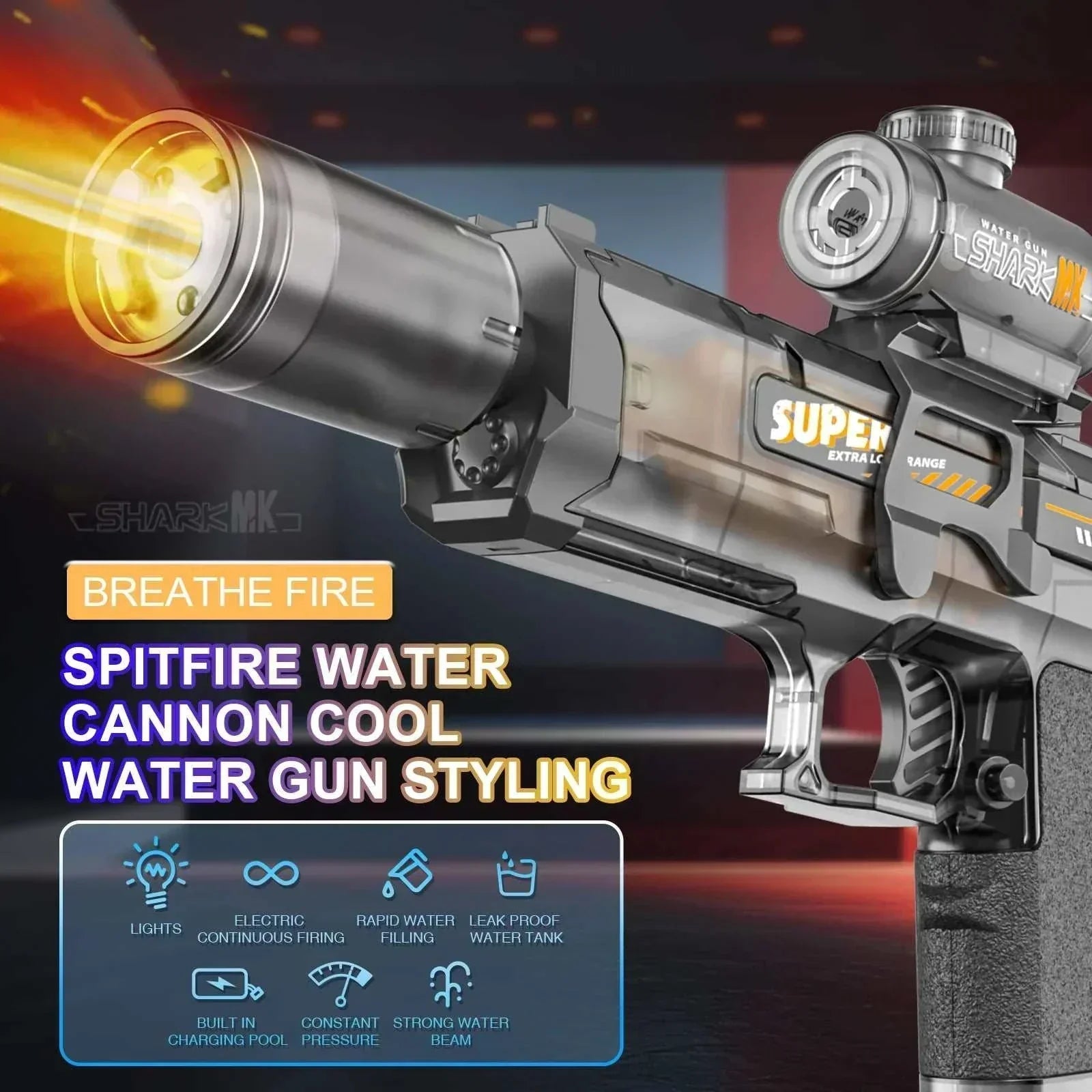 Electric WaterGun with flame spray effect, built-in lights, and high-pressure continuous water stream for kids' outdoor play.