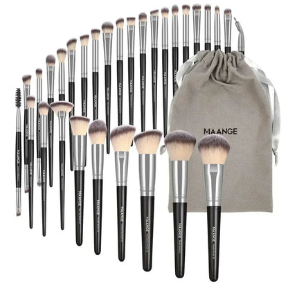 MAANGE 30-piece professional makeup brush set with nylon bristles and black handles, including blending brushes and a gray storage bag.