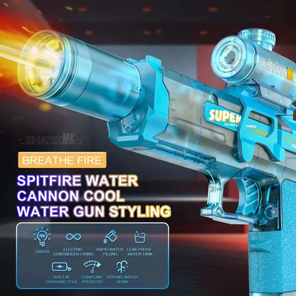 Blue Electric WaterGun with light and flame spray effect, high-pressure continuous water stream toy for outdoor kids play