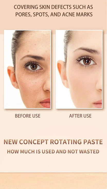 Ocheal Face Foundation contour stick showing before and after results covering pores, spots, and acne marks with lightweight, long-wear concealer.