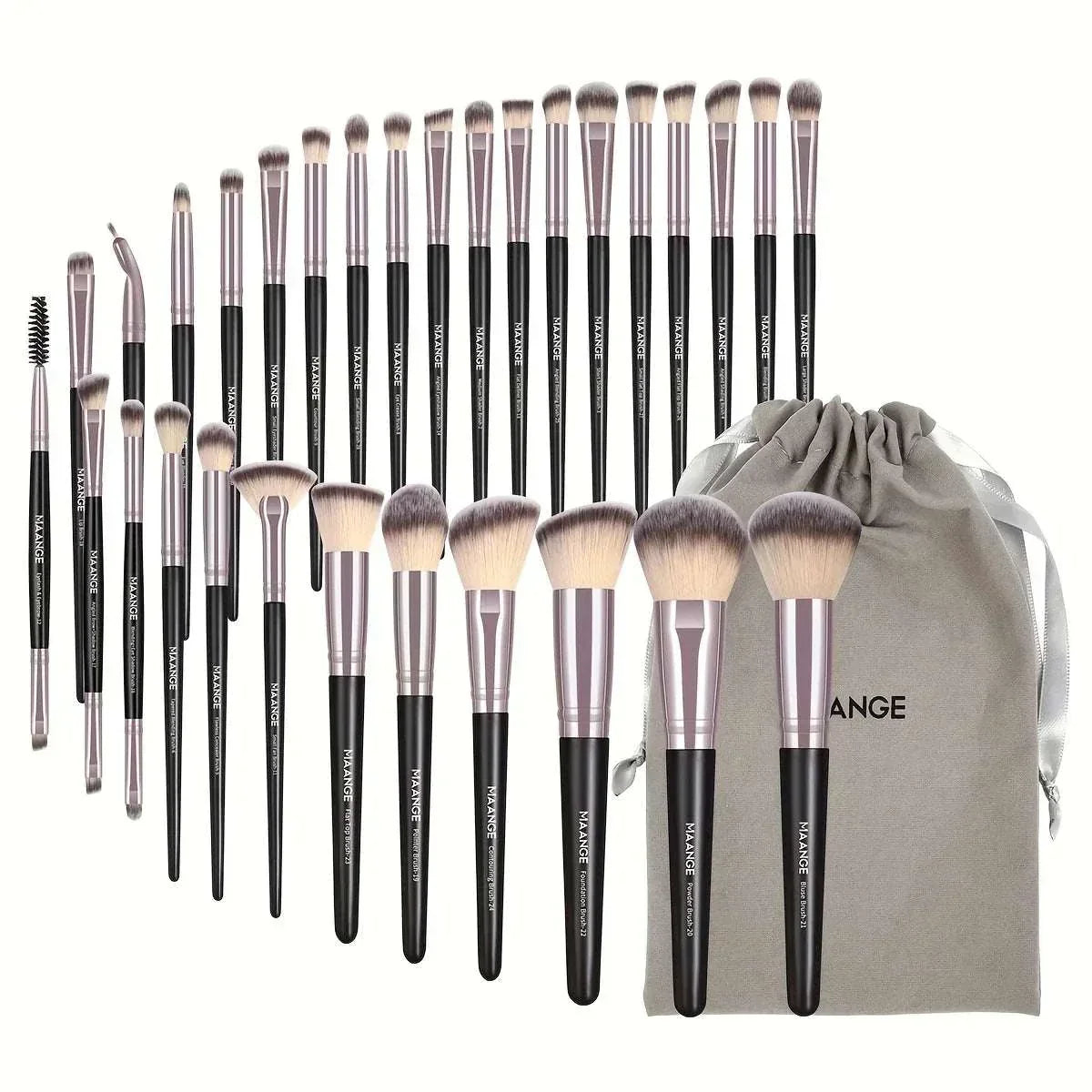 MAANGE 30-piece professional makeup brush set with nylon bristles, black handles, and a gray carrying bag for blending and detailed makeup application