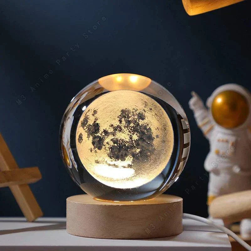 Crystal Ball Moon-Galaxy-Saturn-Solar System LED-Crystal ball moon LED night light with wooden base, Galaxy-themed 3D laser engraved decorative lamp.